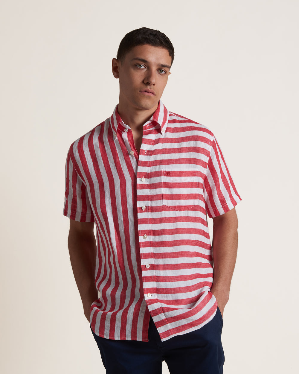 Chemises Ben Sherman B by Ben Sherman Candy Stripe Linen Short Sleeve Rose Rouge | SST-23554748